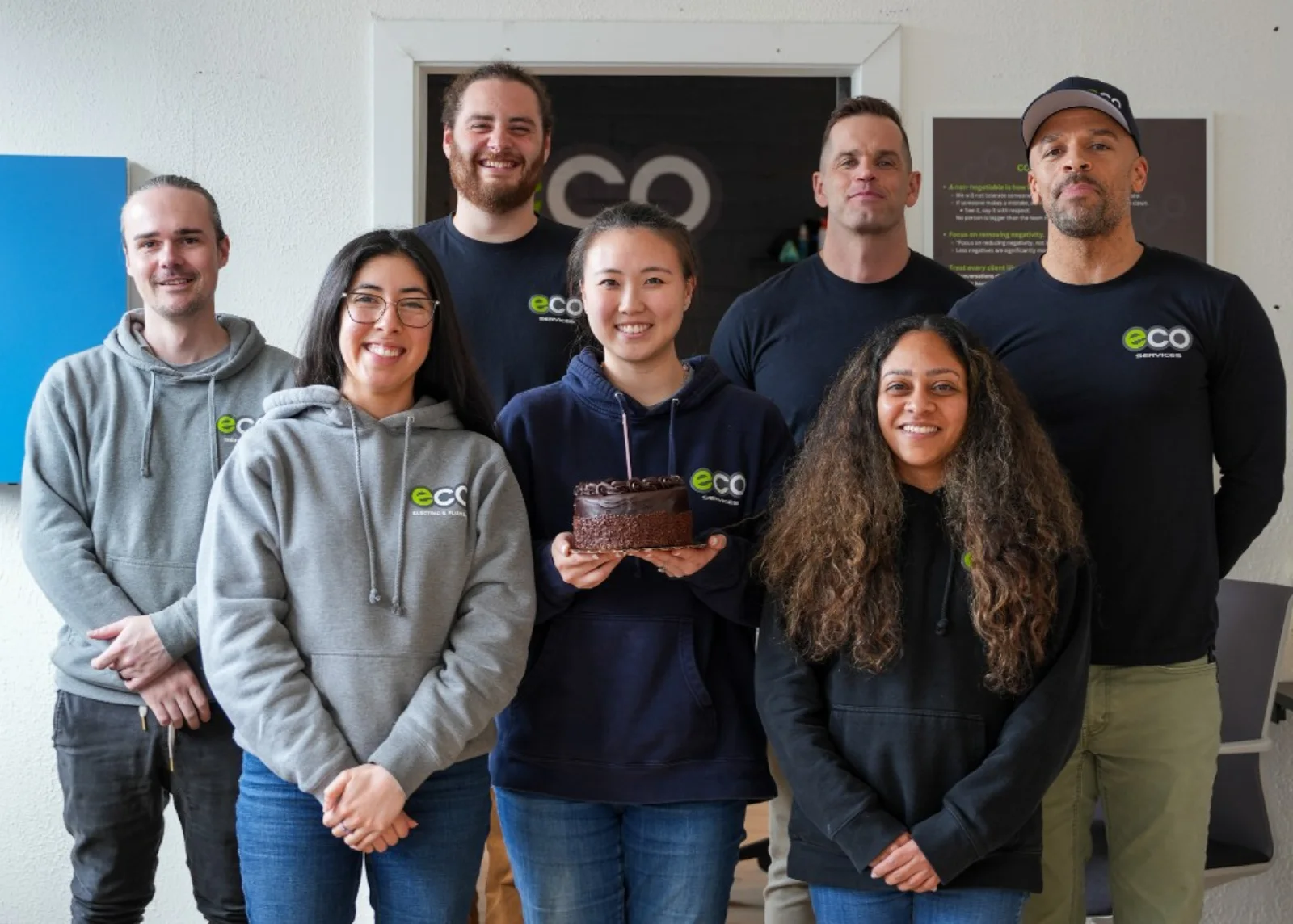Eco team celebrating together with a cake at the office